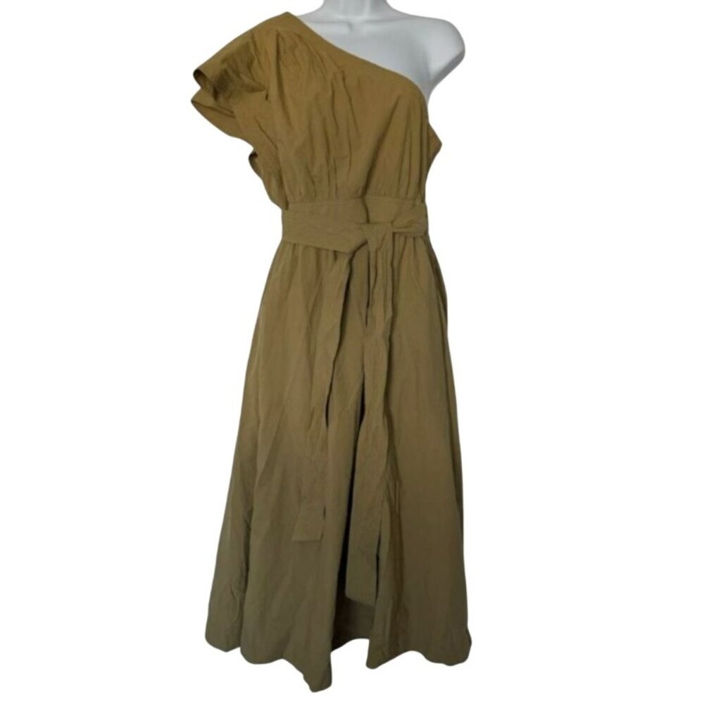 Madewell Ruffled One-Shoulder Midi Dress Olive Surplus w/ Pockets NK491 Size 14